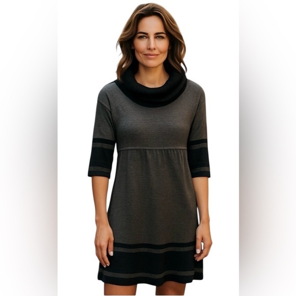 Maggy London Marino wool blend black gray knit dress 3/4 sleeve - Picture 1 of 9